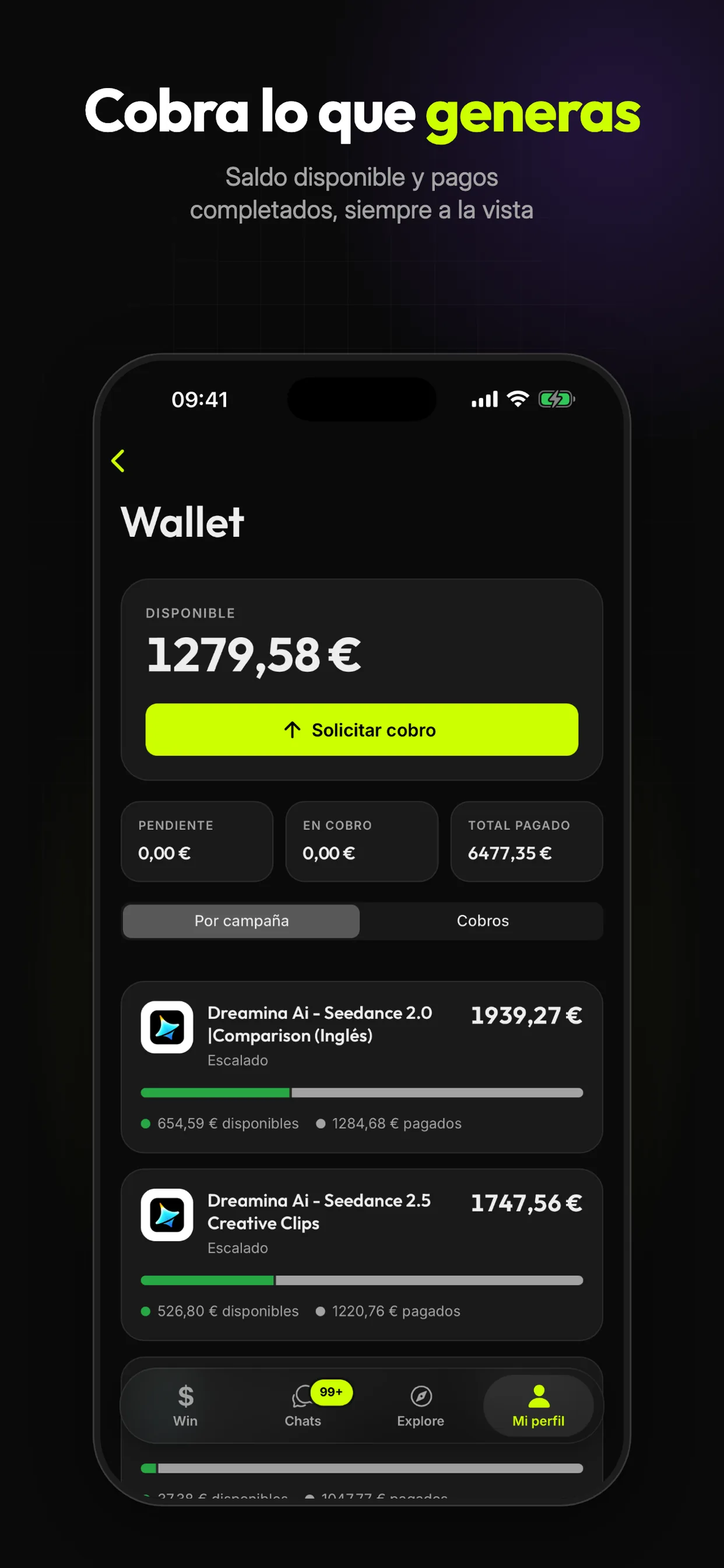 Cobra lo que generas: saldo disponible y pagos completados, siempre a la vista