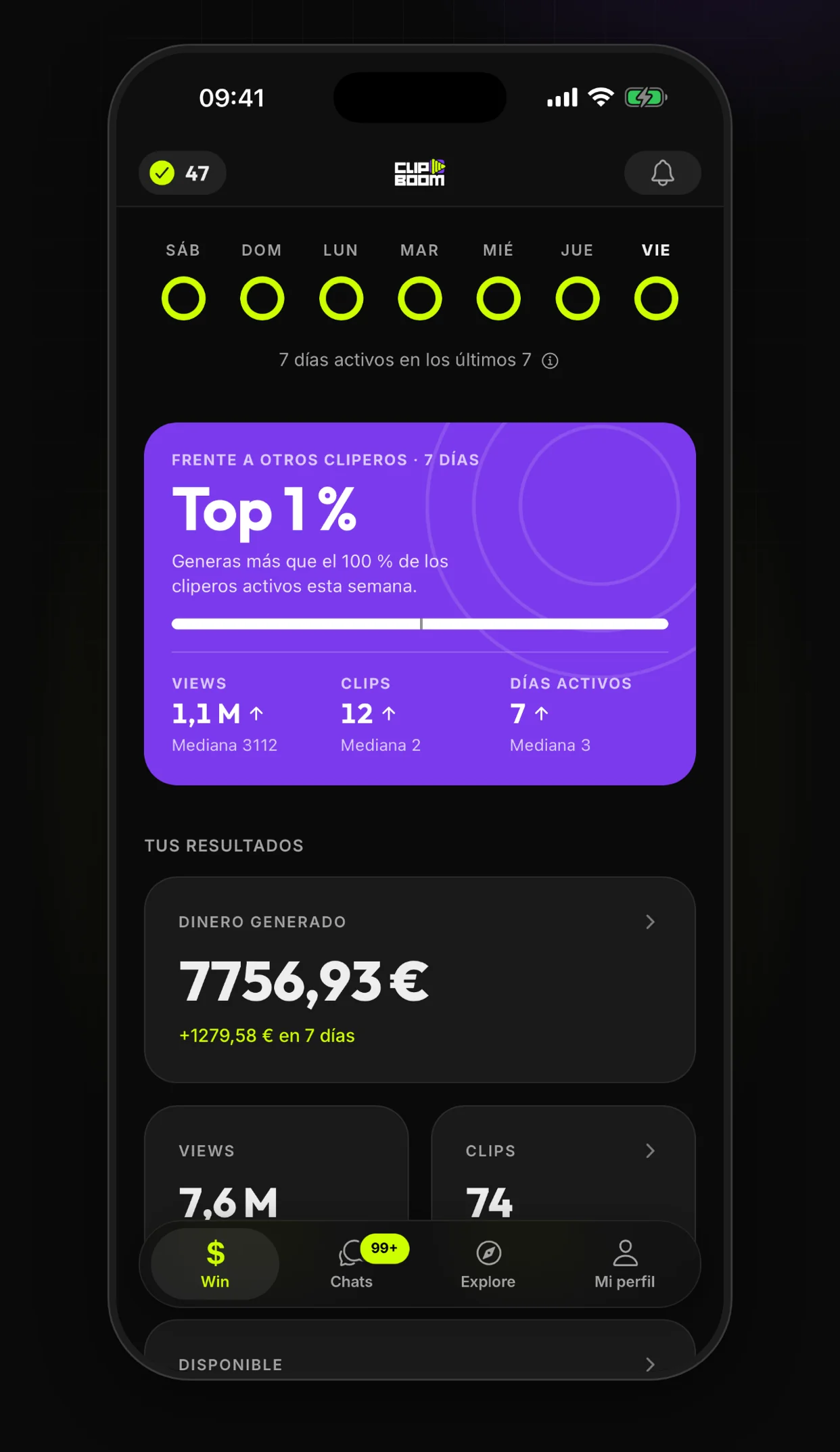 La pantalla de inicio de la app de ClipBoom en un iPhone