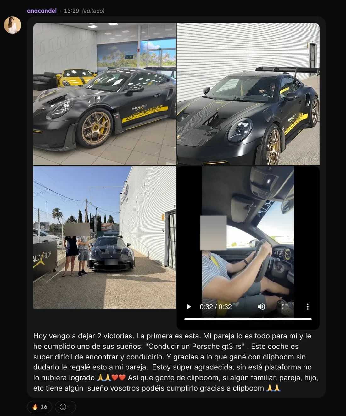 Mensaje de Ana en la comunidad de ClipBoom: Le regaló a su pareja conducir un Porsche GT3 RS