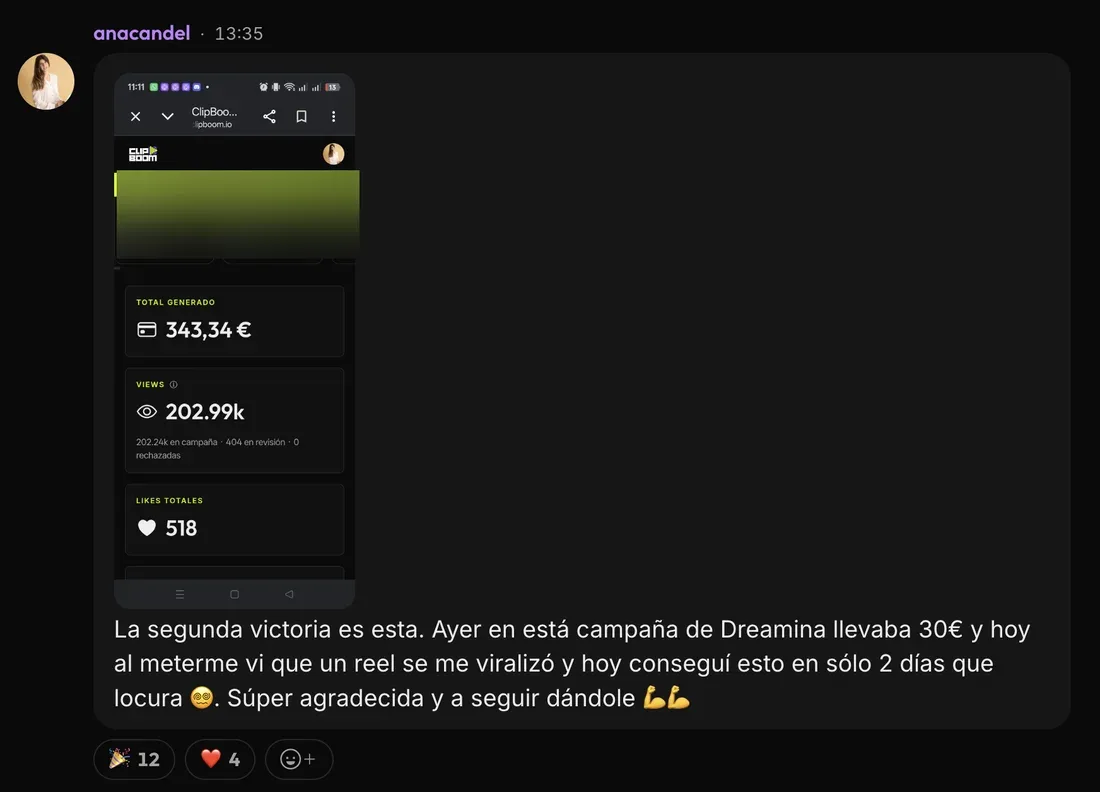 Mensaje de Ana en la comunidad de ClipBoom: 343 € generados en dos días con un reel viral