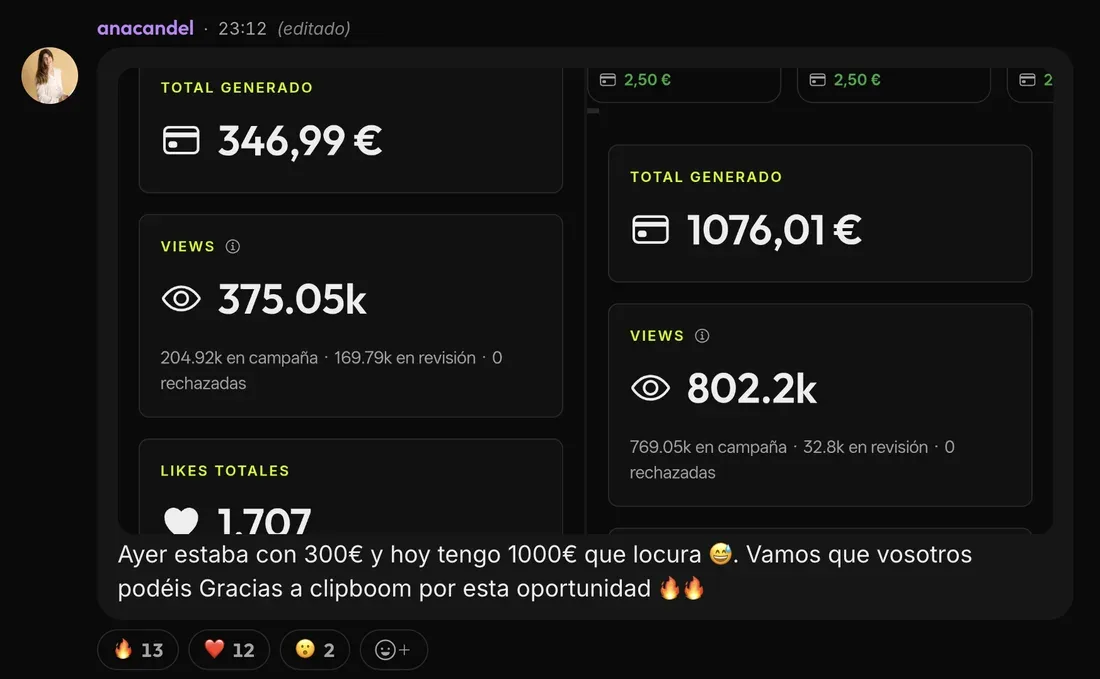 Mensaje de Ana en la comunidad de ClipBoom: De 300 € a 1.076 € generados en un día
