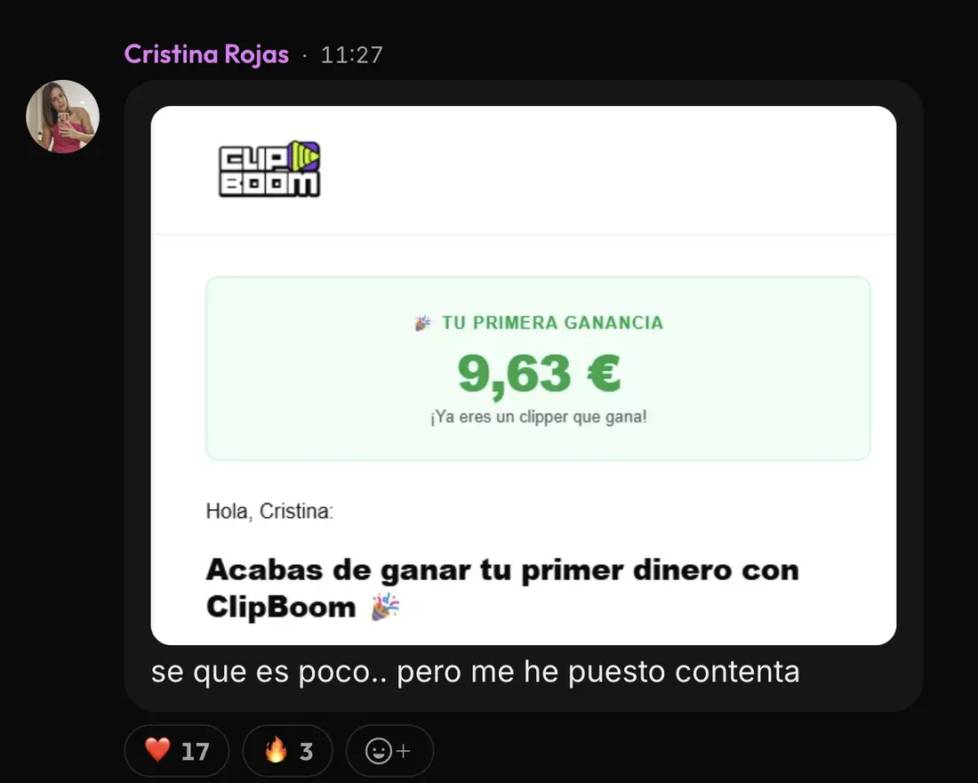 Mensaje de Cristina R. en la comunidad de ClipBoom: Su primera ganancia: 9,63 €