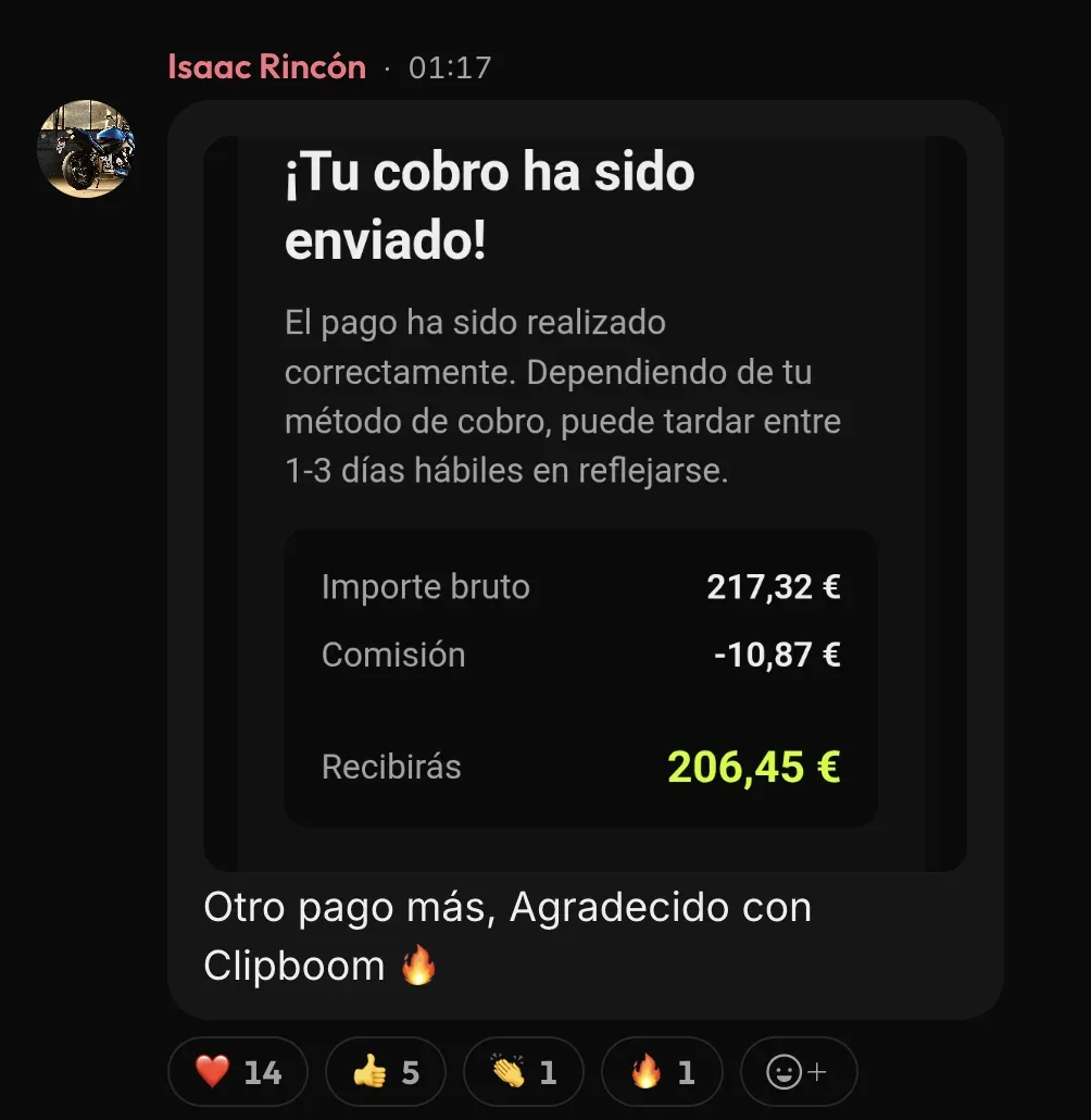 Mensaje de Isaac R. en la comunidad de ClipBoom: Otro cobro: 206 €