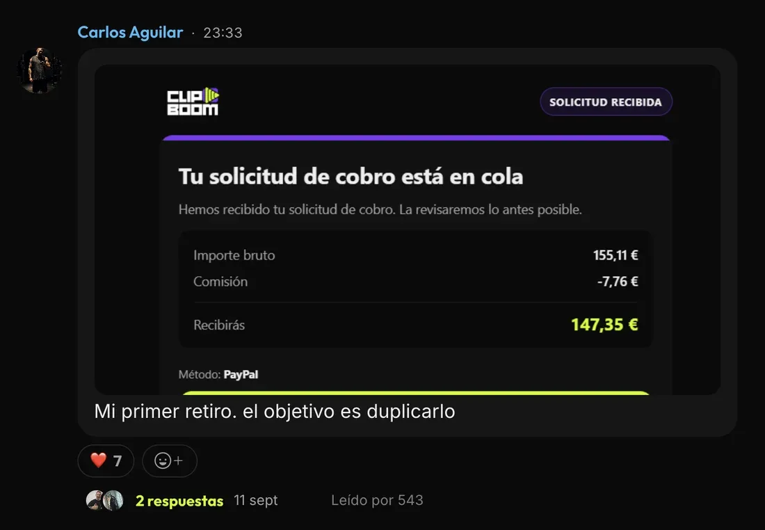 Message from Carlos A. in the ClipBoom community: First withdrawal: €147