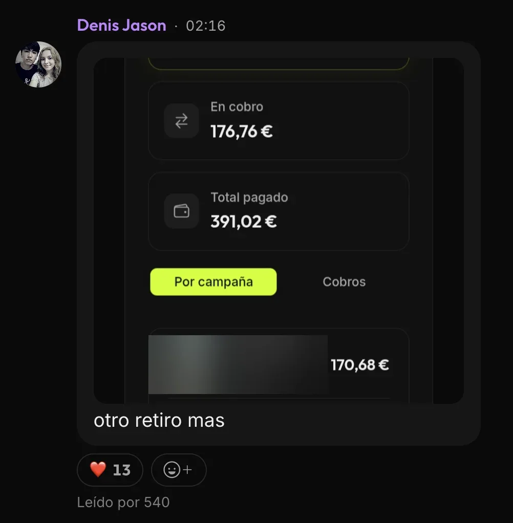 Message from Denis J. in the ClipBoom community: €391 paid out