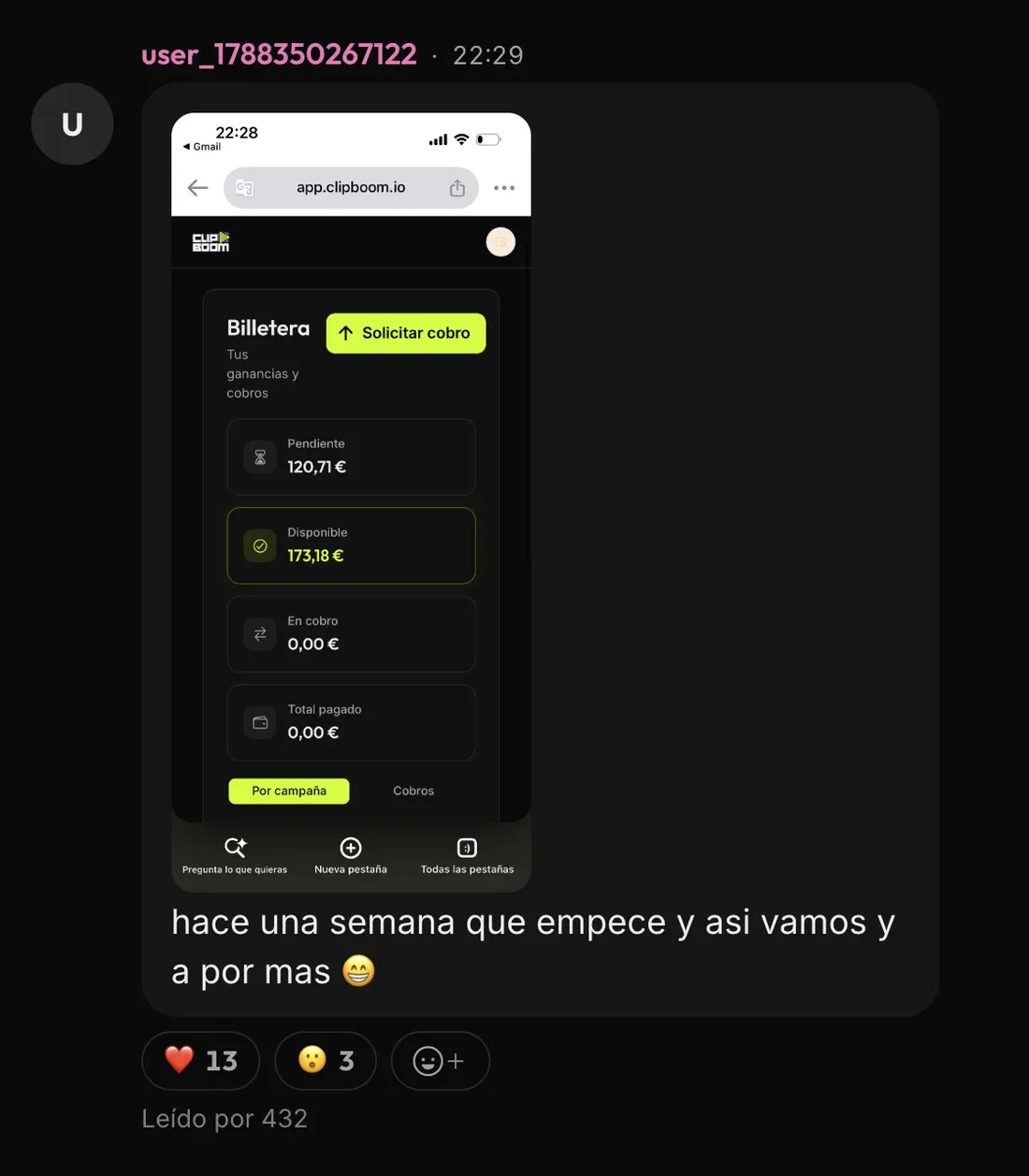 Mensaje de Clipero de ClipBoom en la comunidad de ClipBoom: 173 € disponibles en su primera semana