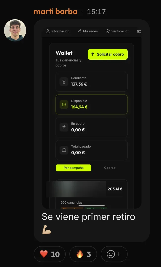 Message from Martí B. in the ClipBoom community: €164 ready for their first withdrawal