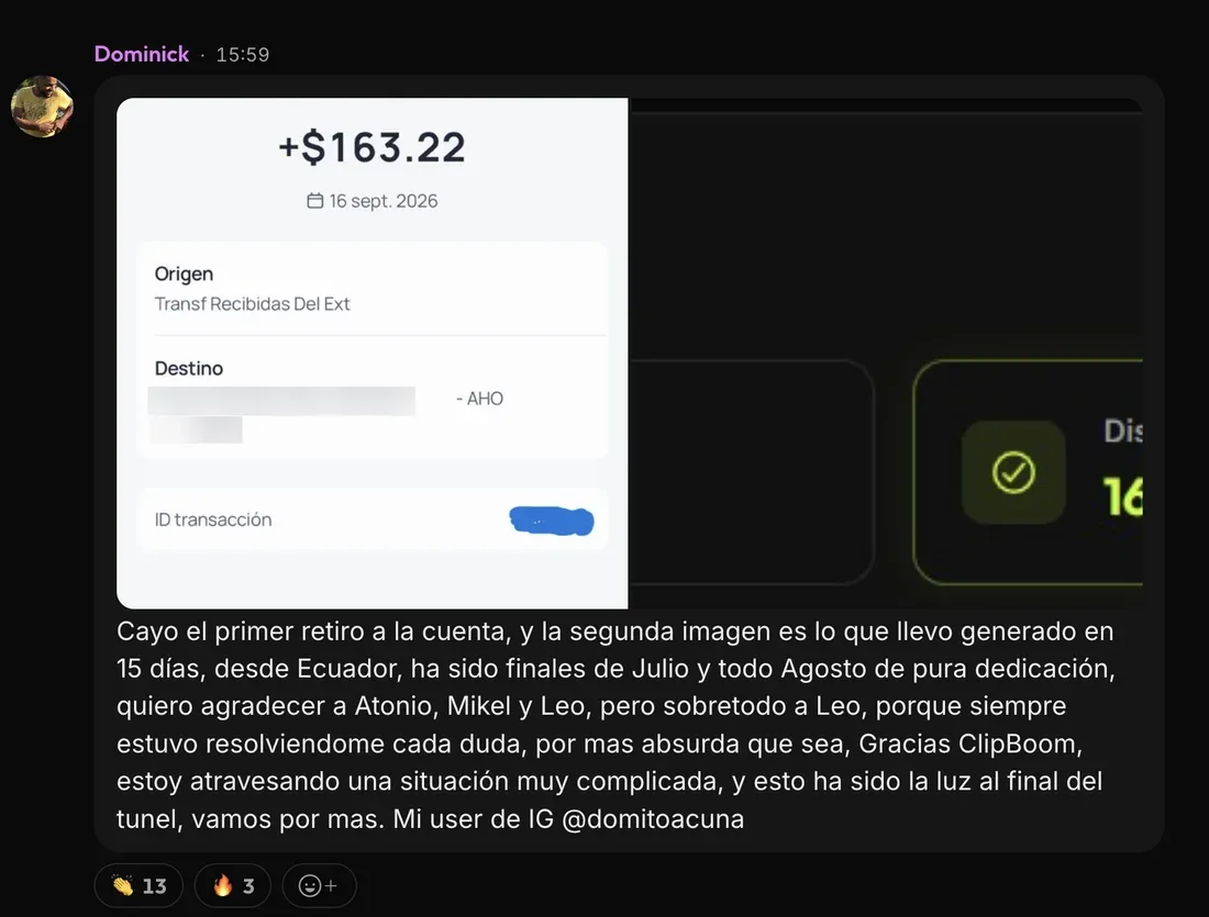 Message from Dominick in the ClipBoom community: First withdrawal: US$163