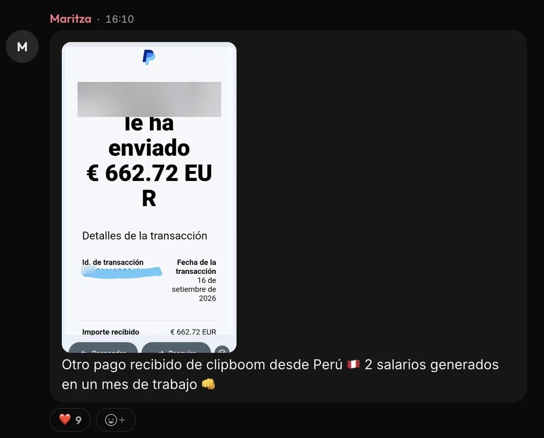 Mensaje de Maritza en la comunidad de ClipBoom: 662 € cobrados en un mes