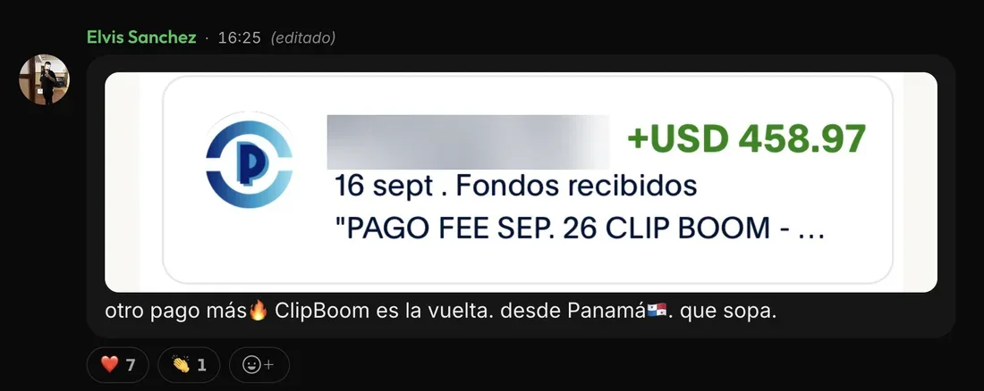 Mensaje de Elvis S. en la comunidad de ClipBoom: 459 US$ recibidos