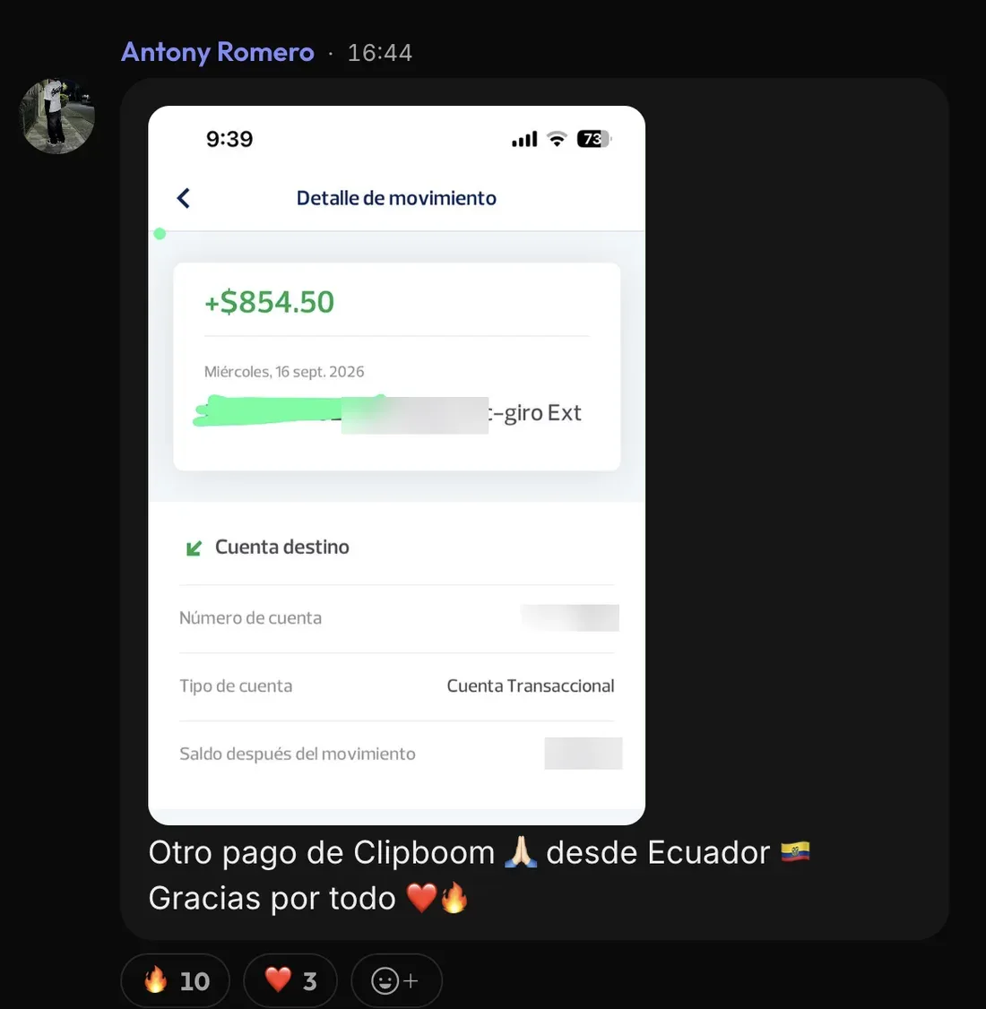 Message from Antony R. in the ClipBoom community: US$854 received