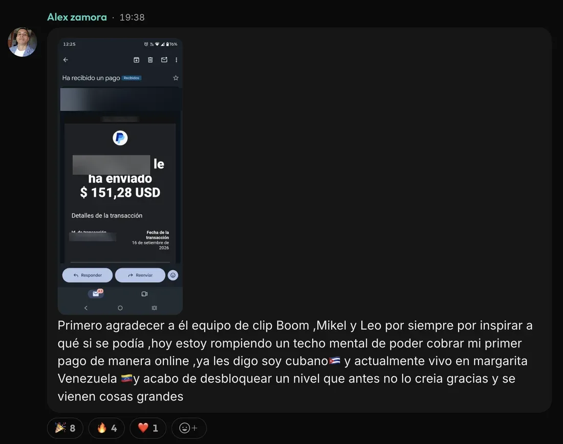 Mensaje de Alex Z. en la comunidad de ClipBoom: Su primer pago online: 151 US$