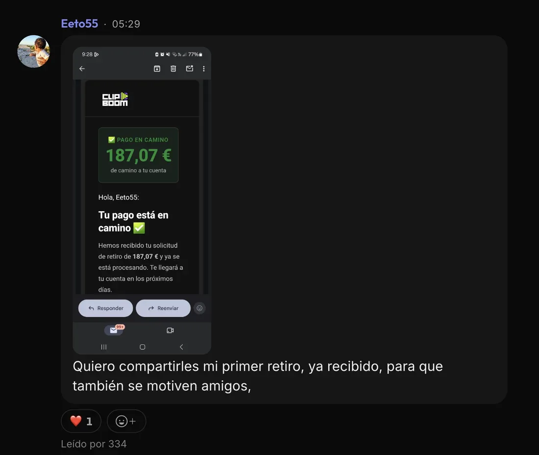 Message from Eeto55 in the ClipBoom community: First withdrawal: €187