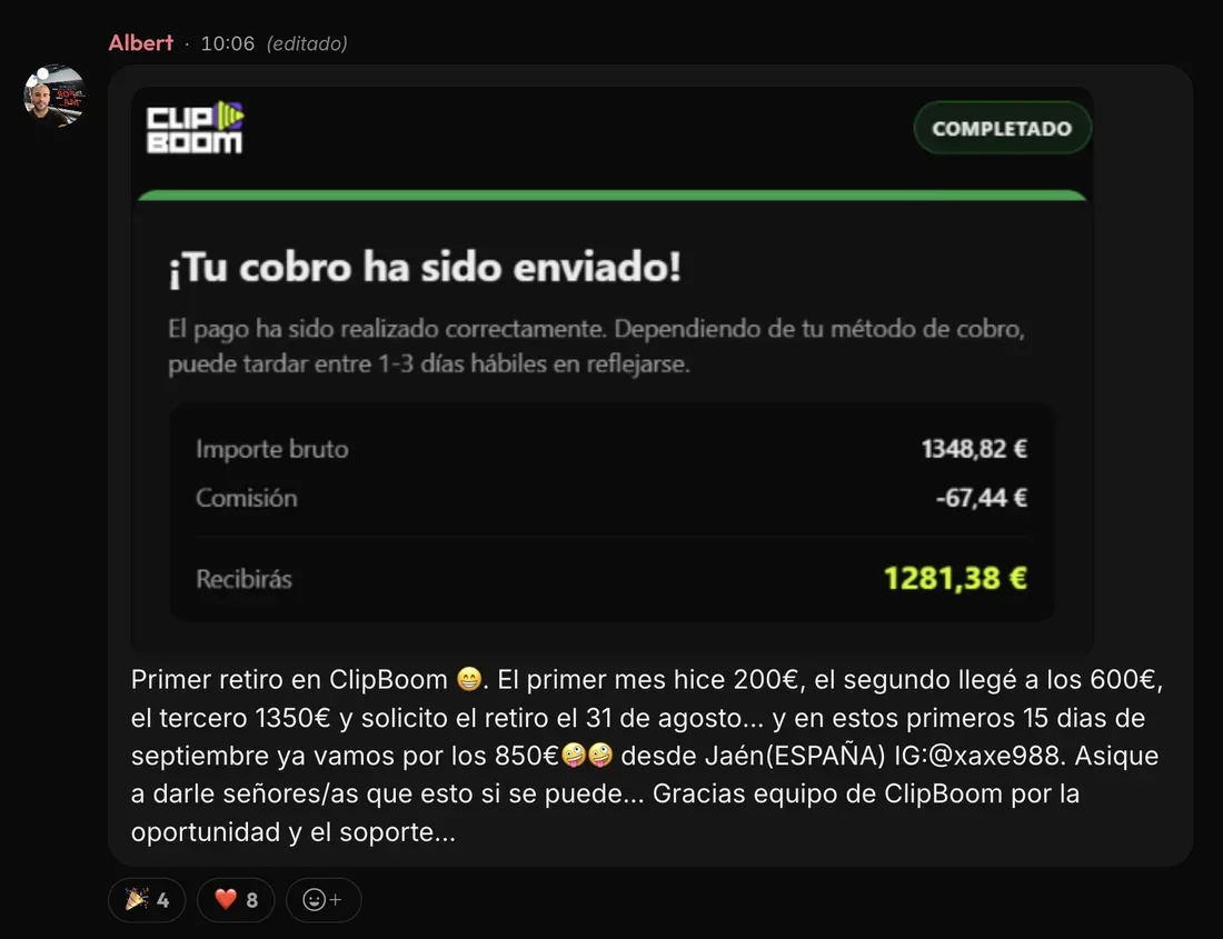 Mensaje de Albert en la comunidad de ClipBoom: 1.281 € en su primer retiro