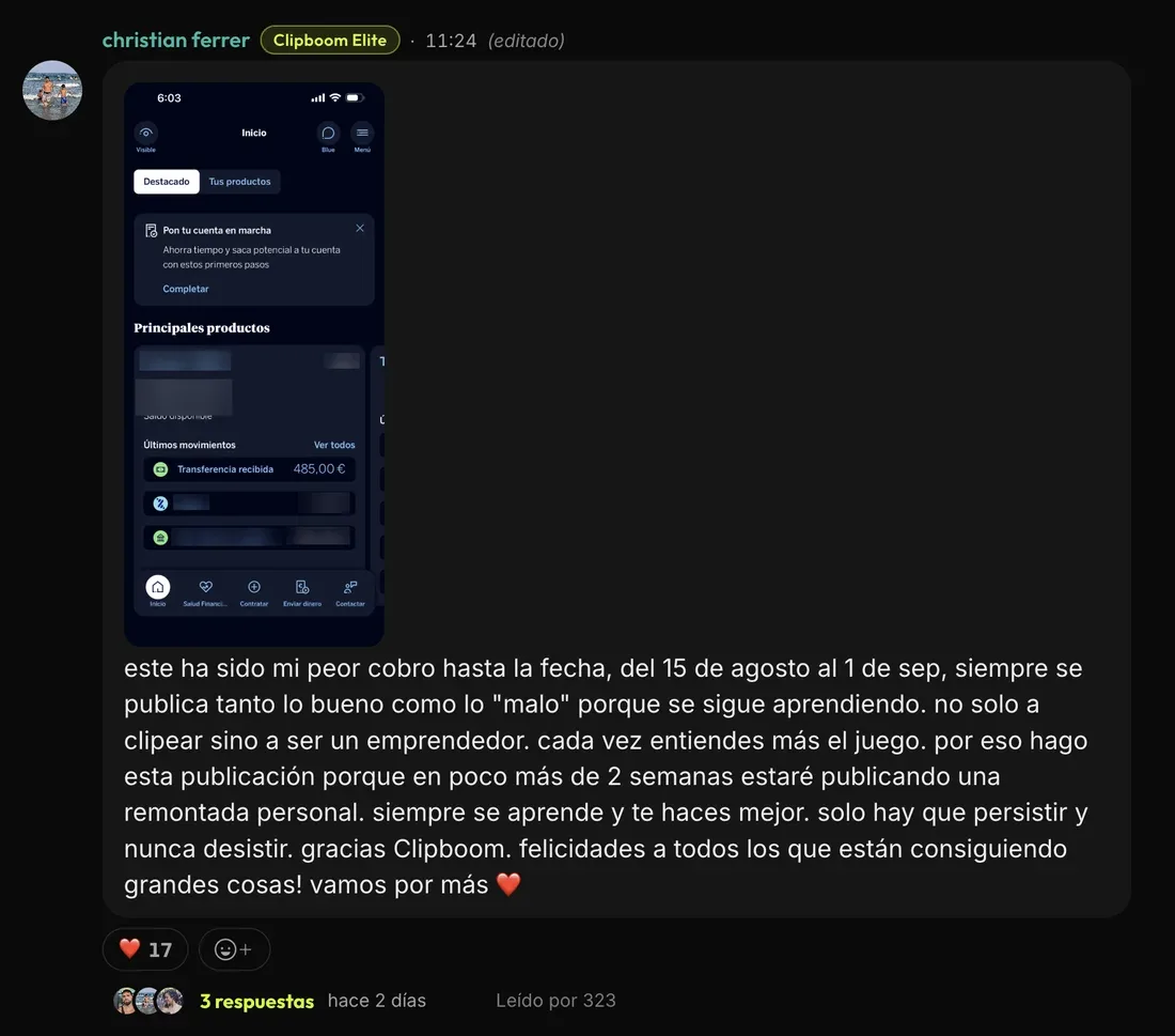 Message from Christian F. in the ClipBoom community: €485, and they say it's their worst payout