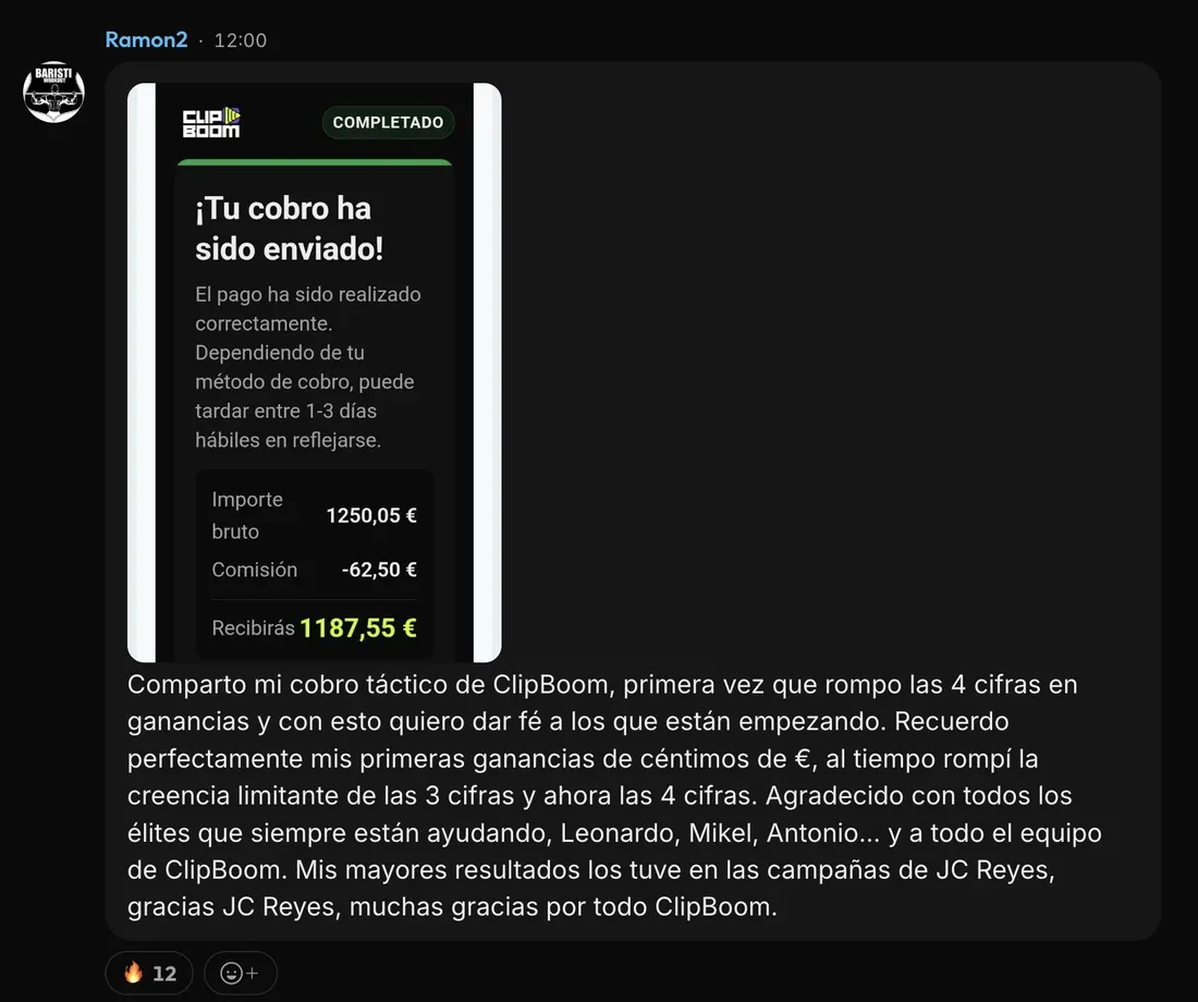 Mensaje de Ramón en la comunidad de ClipBoom: Primera vez a cuatro cifras: 1.187 €