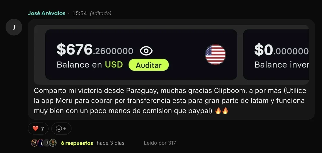 Message from José A. in the ClipBoom community: US$676 from Paraguay