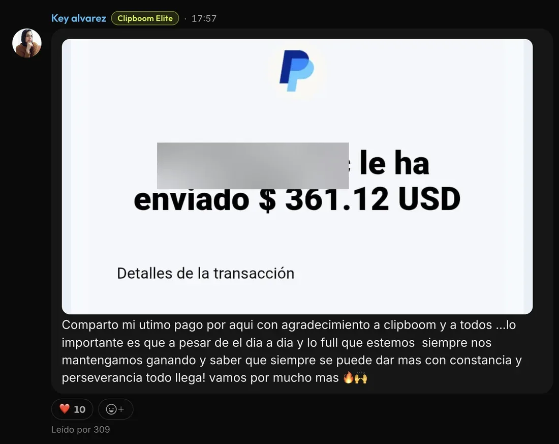 Mensaje de Key A. en la comunidad de ClipBoom: 361 US$ recibidos