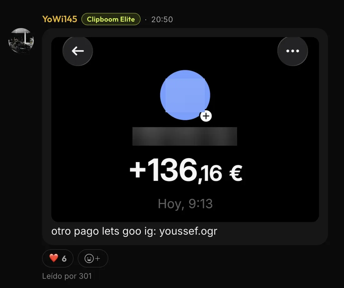 Message from YoWi145 in the ClipBoom community: Another payment: €136