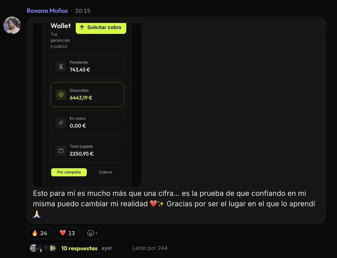 Mensaje de Roxana M. en la comunidad de ClipBoom: 2.251 € cobrados y 6.443 € disponibles