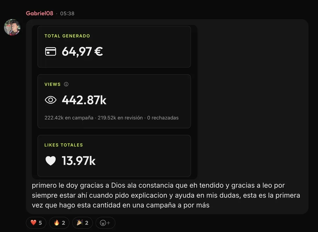 Mensaje de Gabriel en la comunidad de ClipBoom: 443.000 views en una campaña